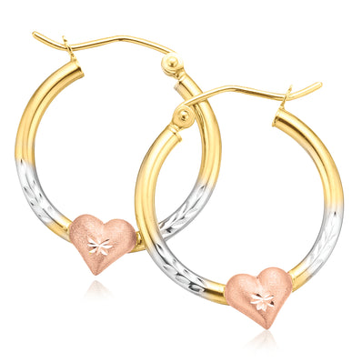 9ct Three Tone Gold 2x20mm Polished Heart Hoop Earrings