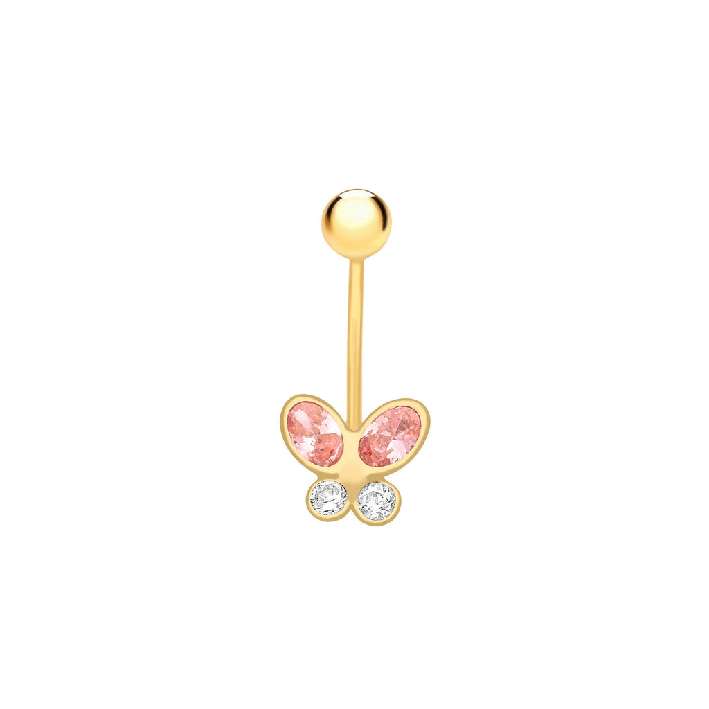 9ct Yellow Gold with White & Pink Cubic Zicornia Butterfly Belly Stud