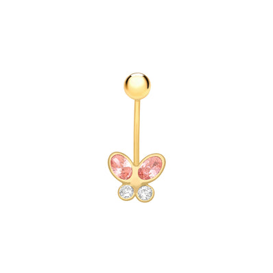 9ct Yellow Gold with White & Pink Cubic Zicornia Butterfly Belly Stud