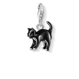 Black cat charm with silver clip on a white background