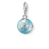 Blue globe charm with 'Thomas Sabo' logo on a white background