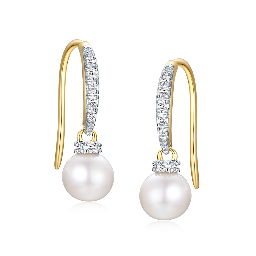 9ct Yellow Gold 0.08 CARAT tw of Diamonds 6mm Cultured Freshwater Pearl Drop Earrings