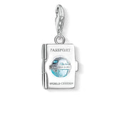 Silver charm shaped like passport with a globe, featuring the brand 'Thomas Sabo'.