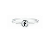 A silver band ring featuring a small circular bezel-set face with a black lowercase letter 'f', shown on a plain white background.