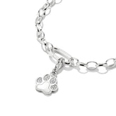 Silver bracelet with a paw-shaped charm on a white background