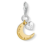 Gold and silver charm with 'I love you' heart and 'to the moon & back' text on a white background