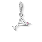 Silver charm shaped like a cocktail glass with a pink gem on a white background
