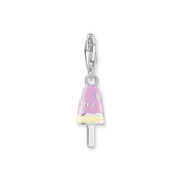 Silver charm shaped like a pink ice cream popsicle on a white background