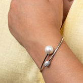 Sterling Silver 12-13mm Fresh Water Pearl and Cubic Zirconia Flexi Bangle
