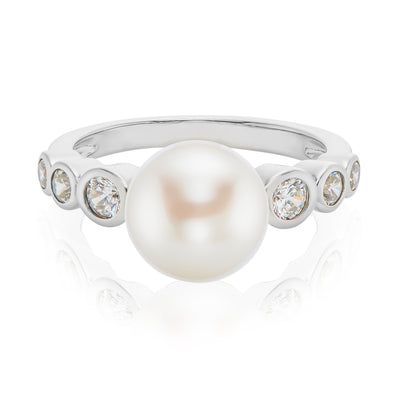 Sterling Silver Button 8.5-9mm White Freshwater Pearls Cubic Zirconia Ring