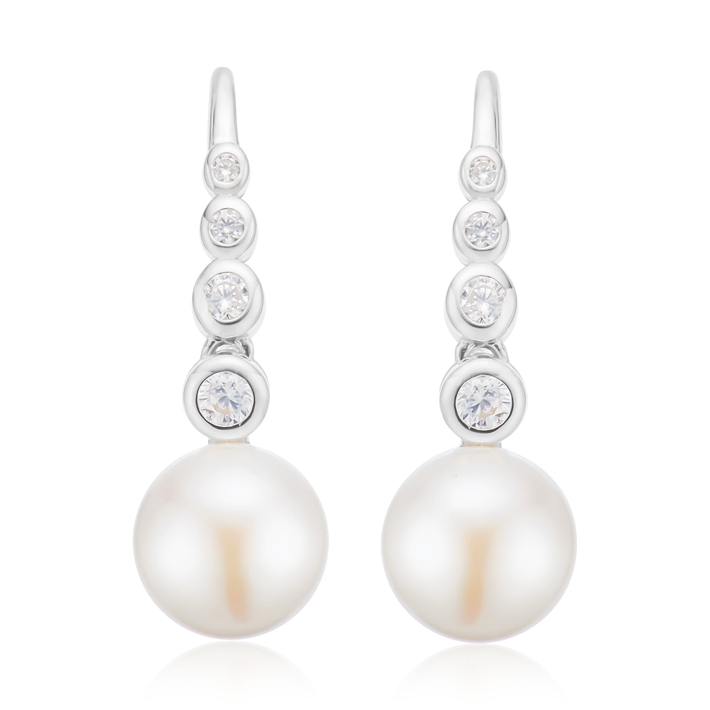 Sterling Silver Button 7.5-8mm White Fresh Water Pearls Cubic Zirconia  Drop Earrings