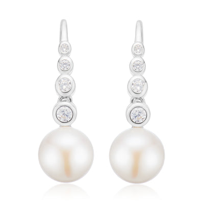 Sterling Silver Button 7.5-8mm White Fresh Water Pearls Cubic Zirconia  Drop Earrings