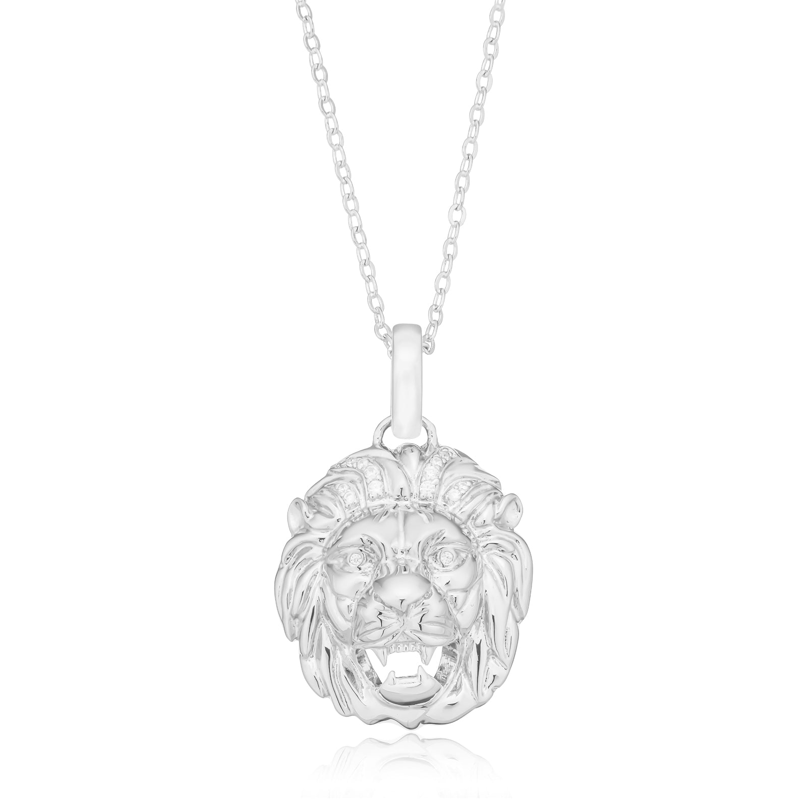 Sterling Silver Round Cubic Zirconia Lion Pendant