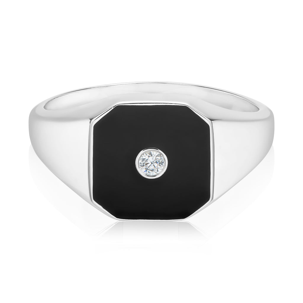 Sterling Silver with Octagon & Round Cubic Zirconia and Black Enamel Rings
