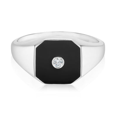 Sterling Silver with Octagon & Round Cubic Zirconia and Black Enamel Rings