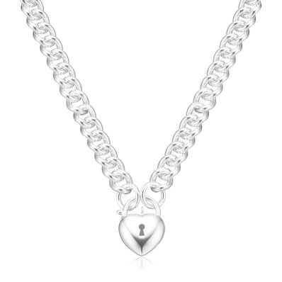 Sterling Silver 45cm Curb Chain with Heart Padlock Necklace
