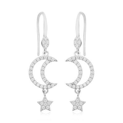 Sterling Silver Round White Cubic Zirconia Moon Star Drop Earrings