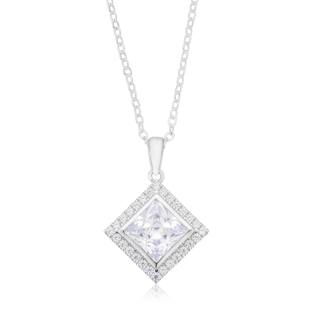 Sterling Silver Princess & Round Cut White Cubic Zirconia Pendant
