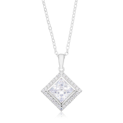 Sterling Silver Princess & Round Cut White Cubic Zirconia Pendant