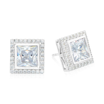 Sterling Silver Princess & Round Cut White Cubic Zirconia Earrings