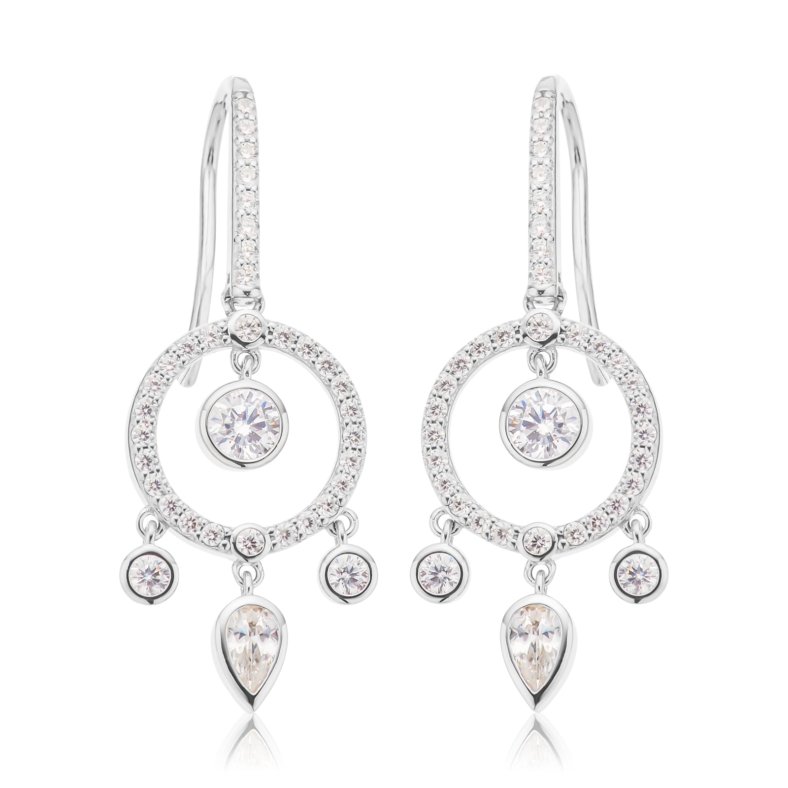 Sterling Silver with Round Brilliant & Pear Cut White Cubic Zirconia Earrings