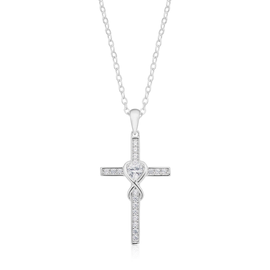 Sterling Silver with Round Brilliant Cut White Cubic Zirconia Cross Pendant