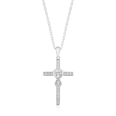 Sterling Silver with Round Brilliant Cut White Cubic Zirconia Cross Pendant