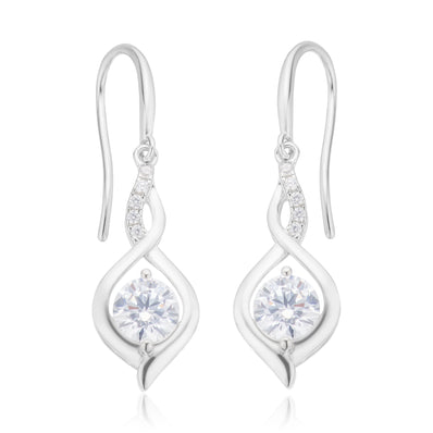 Sterling Silver with Round Brilliant Cut White Cubic Zirconia Drop Earrings