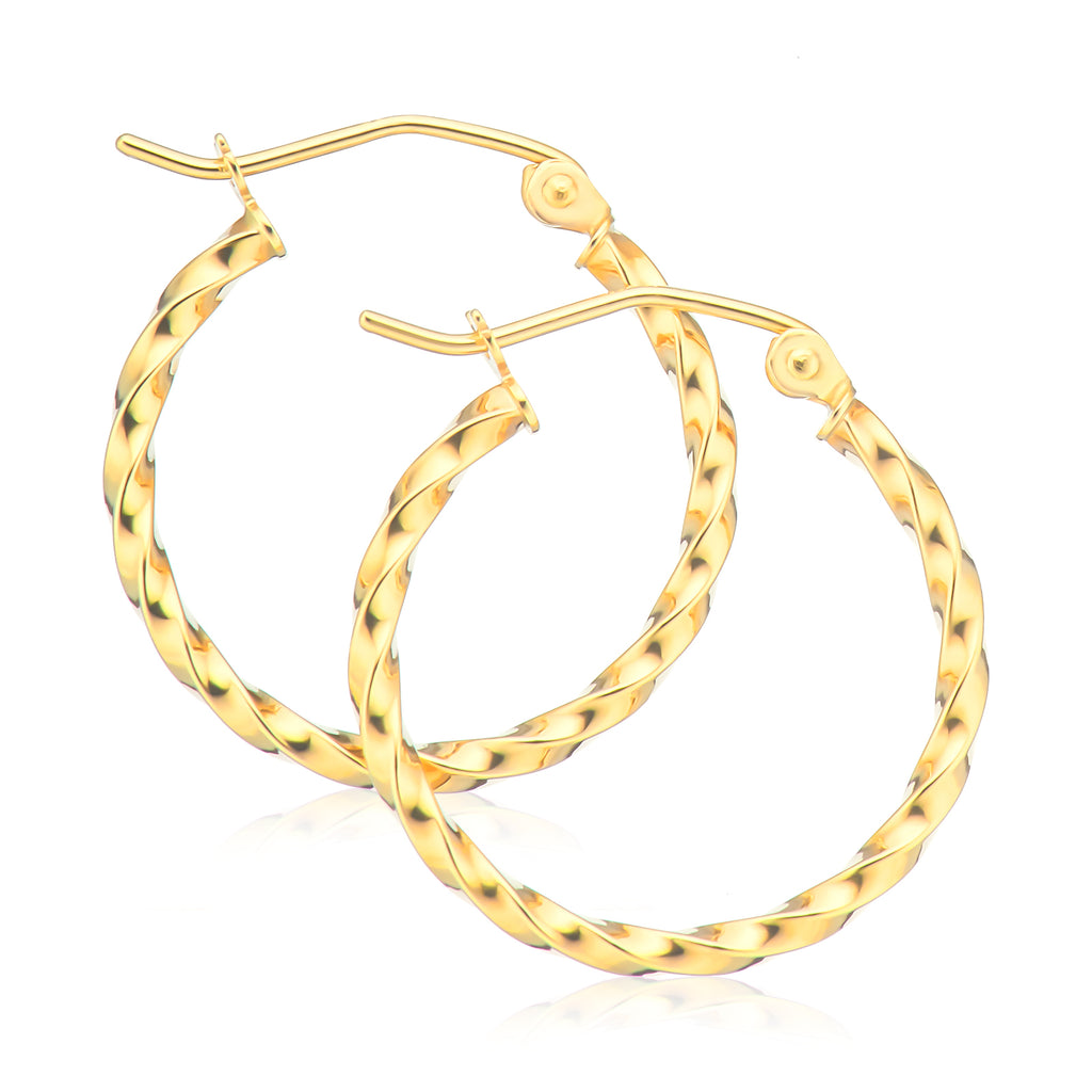 9ct Yellow Gold 2x20mm Patterned Hoop Earrings