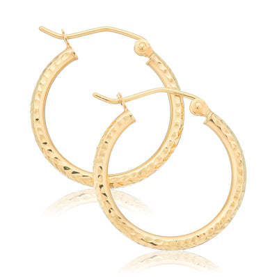 9ct Yellow Gold with Round 2x20mm Diamond Cut  Hoop Earrings