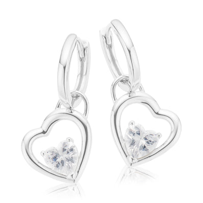 Sterling Silver Heart White Cubic Zirconia Drop Earrings