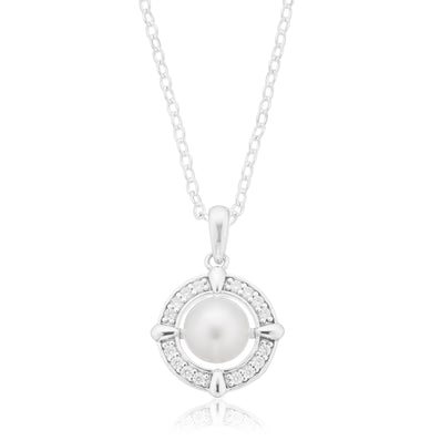 Sterling Silver Round Cut 7.5mm Cubic Zirconia White Fresh Water Pearl Pendant