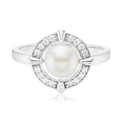 Sterling Silver Round Brilliant Cut 7.5mm Cubic Zirconia White Fresh Water Pearl Ring