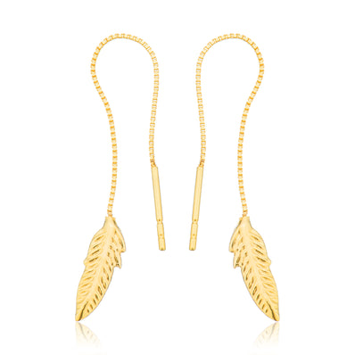 9ct Yellow Gold Leaf Thread Drop Earrings