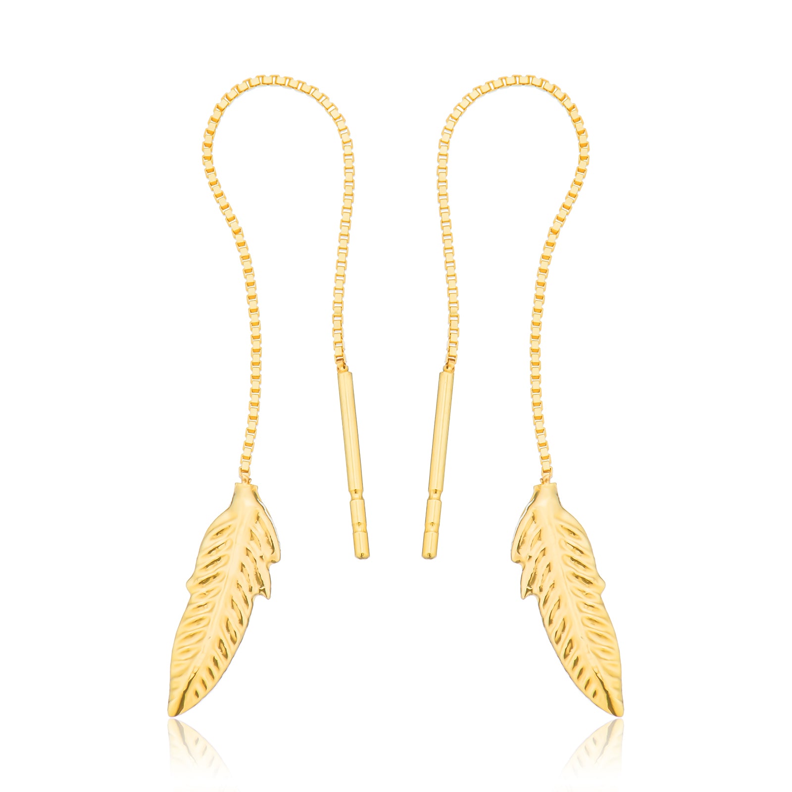 9ct Yellow Gold Leaf Thread Drop Earrings - Main Image