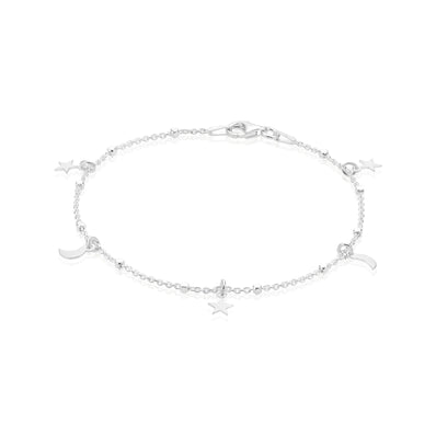 Sterling Silver 19cm Moon Star Bracelet