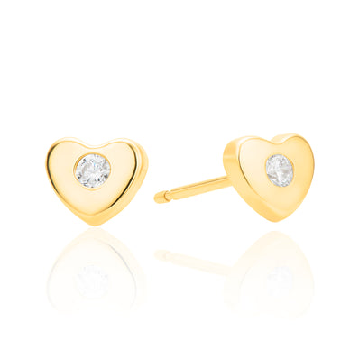 9ct Yellow Gold Round White Children's Cubic Zirconia Heart Earrings