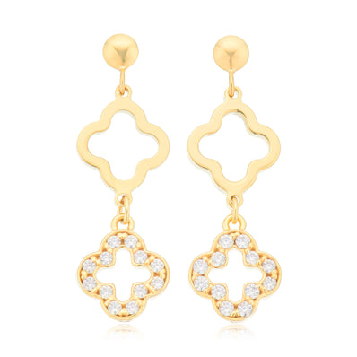 9ct Yellow Gold Silver Filled Round White Clover Cubic Zirconia Drop Earrings
