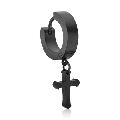 Tensity Stainless Steel Black Tone 13mm Huggie Cross Drop Earring