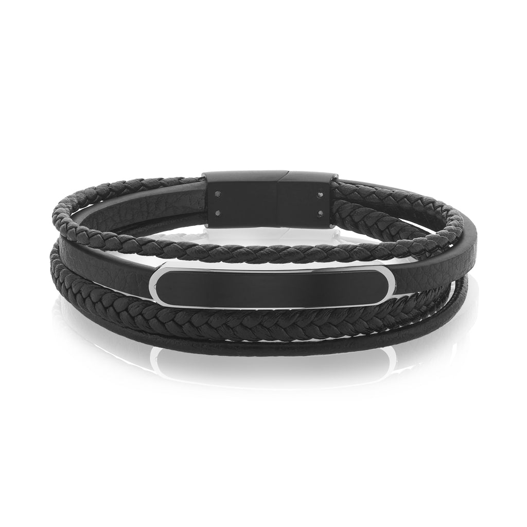 Tensity Stainless Steel & Leather Black 4 Rows Id Bracelet Zamels