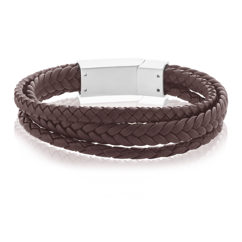 Tensity Stainless Steel & Leather Brown 3 Rows Bracelet Zamels
