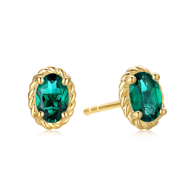 9ct Yellow Gold Oval Cut 6x4 mm Created Emerald May Birthstone Stud Earrings