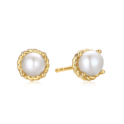 9ct Yellow Gold Round 6 mm White Fresh Water Pearl June Birthstone Stud Earrings