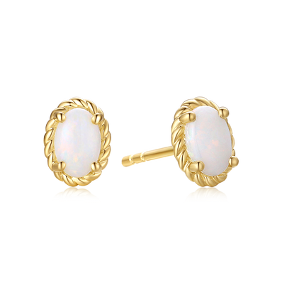 9ct Yellow Gold Oval Cut 6x4mm White Opal October Earrings
