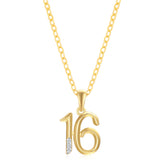9ct Yellow Gold Round Diamond Set 16th Birthday Number Rhodium Plated Pendant