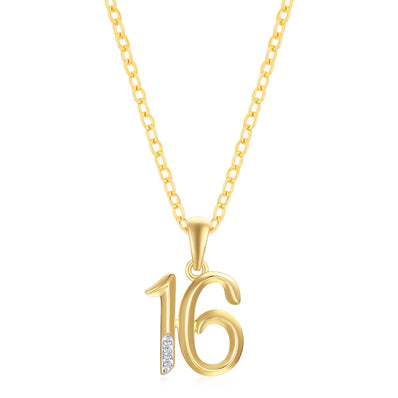 9ct Yellow Gold Round Diamond Set 16th Birthday Number Rhodium Plated Pendant