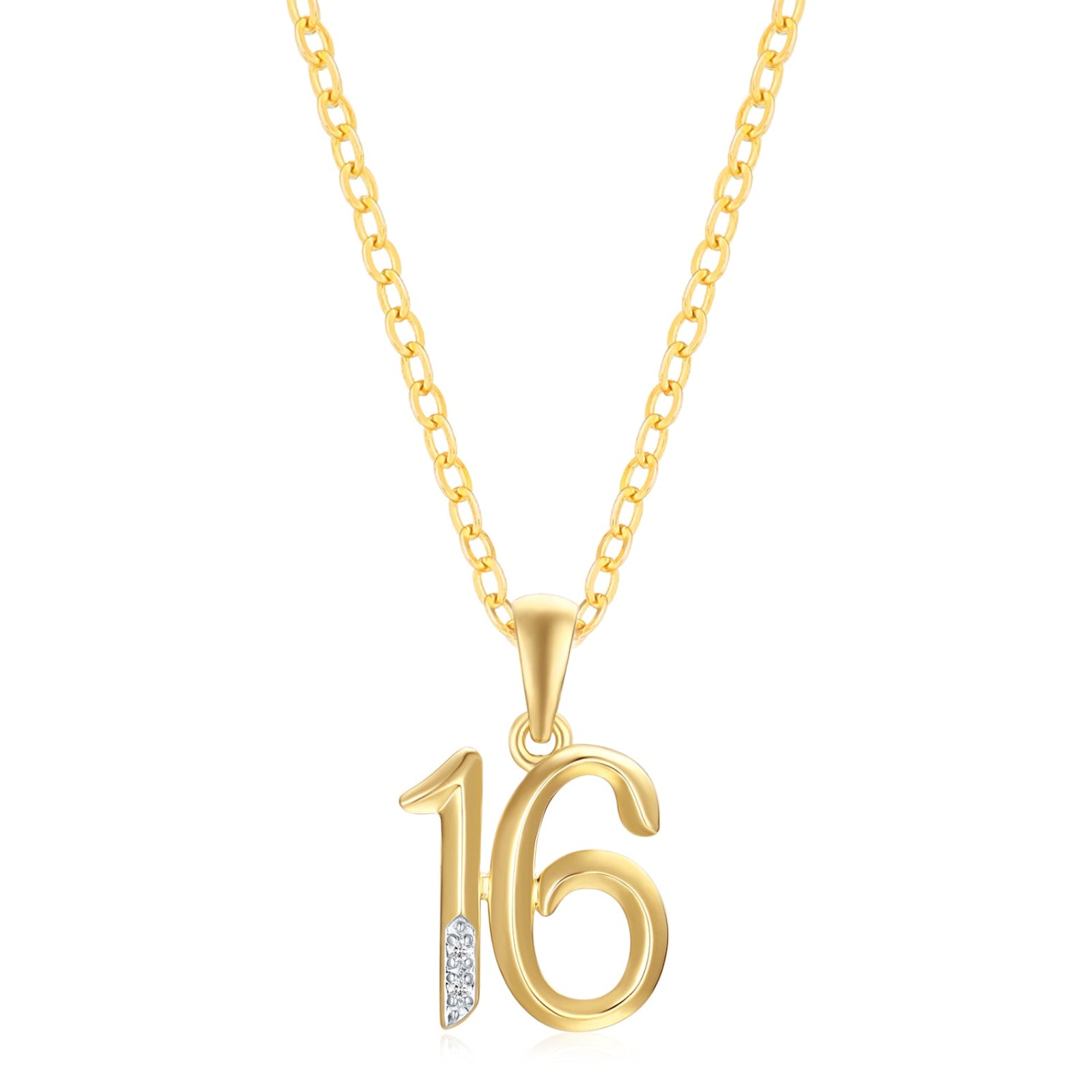 9ct Yellow Gold Round Diamond Set 16th Birthday Number Rhodium Plated Pendant