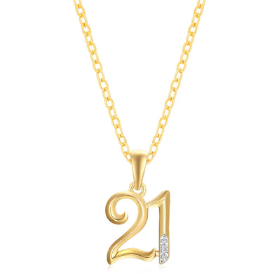 9ct Yellow Gold Round Diamond Set 21st Birthday Number Rhodium Plated Pendant