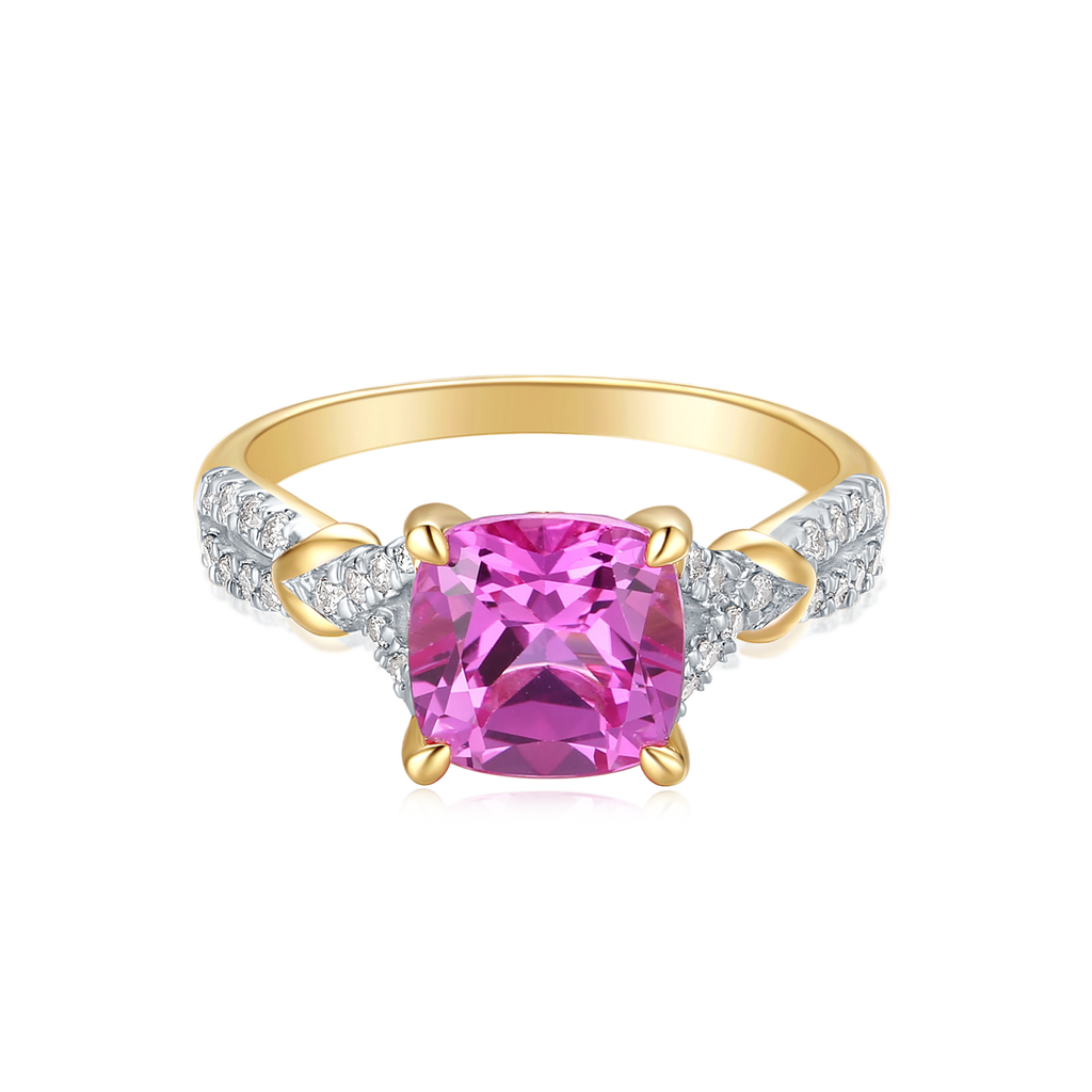 9ct Yellow Gold Cushion Cut 2.95 Carat Created Pink Sapphire 0.20 carat tw Rhodium Plated Ring
