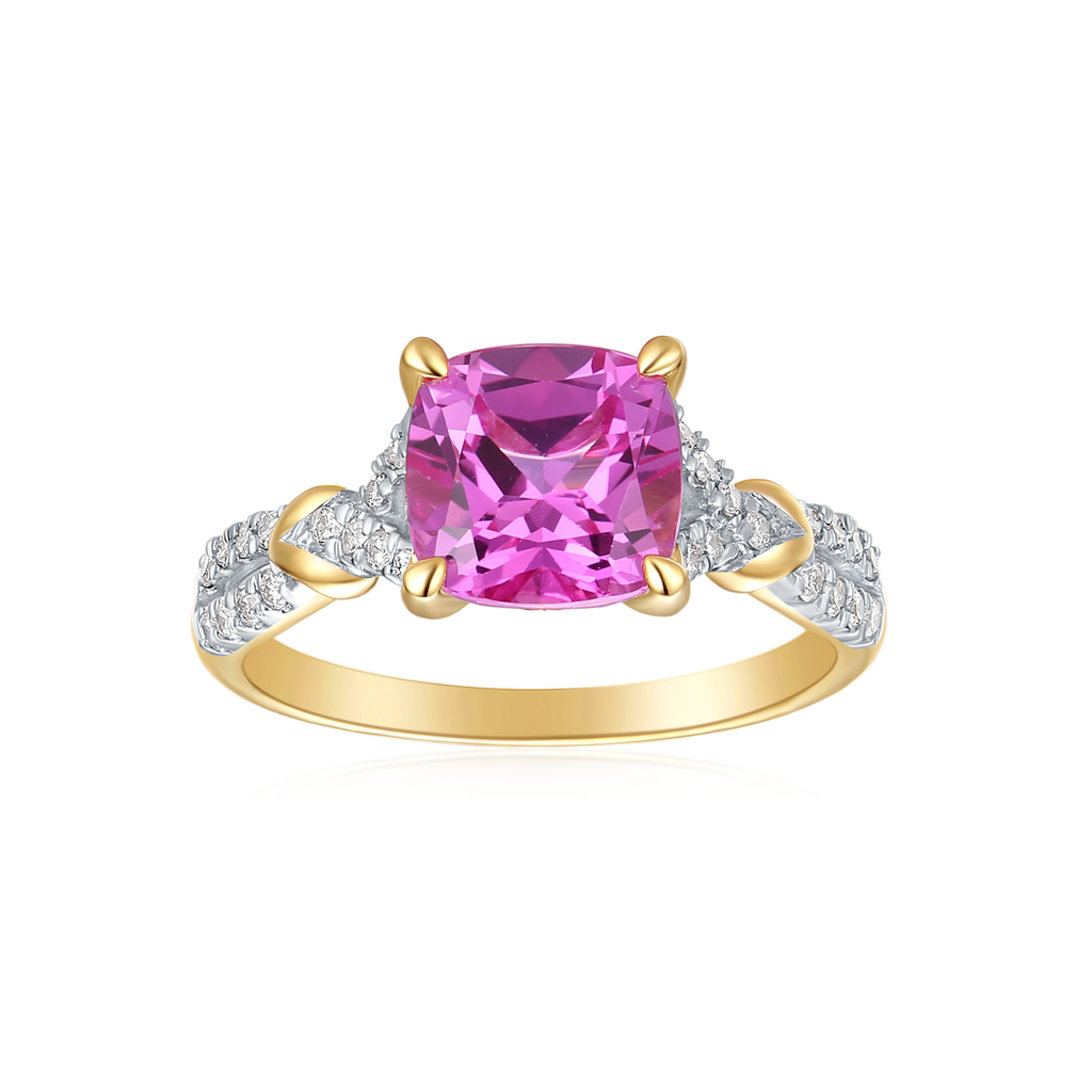 9ct Yellow Gold Cushion Cut 2.95 Carat Created Pink Sapphire 0.20 carat tw Rhodium Plated Ring